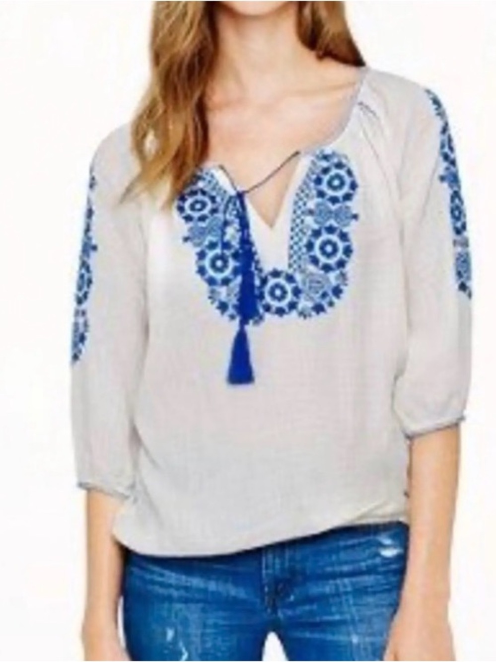 J.Crew Resort BoHo White Blue Embroidered Peasant Crinkle Cotton Top Size Medium